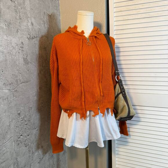 Orange Distressed Cream Knit Zip Up Hoodie - Picture 3 of 7